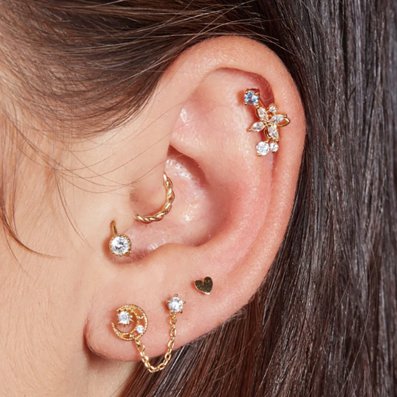 925 Sterling Silver Material Heart Shape, Crown, Flower Pattern Women'S Gender Plating, Inlay Design 1 Piece Ear Cartilage Rings & Studs Fashion Heart Shape Crown Flower 925 Sterling Silver Plating Inlay Artificial Pearls Rhinestones