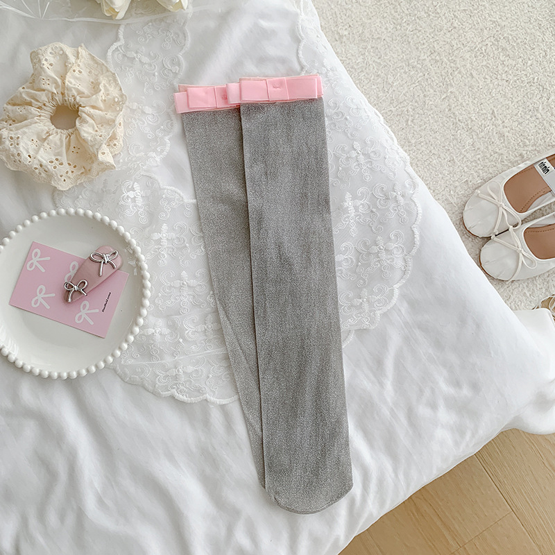 Botas Calcetines de pantorrilla de algodón para mujer Primavera y verano Pajarita de seda plateada delgada Miu estilo ballet niña apilando calcetines hasta la rodilla