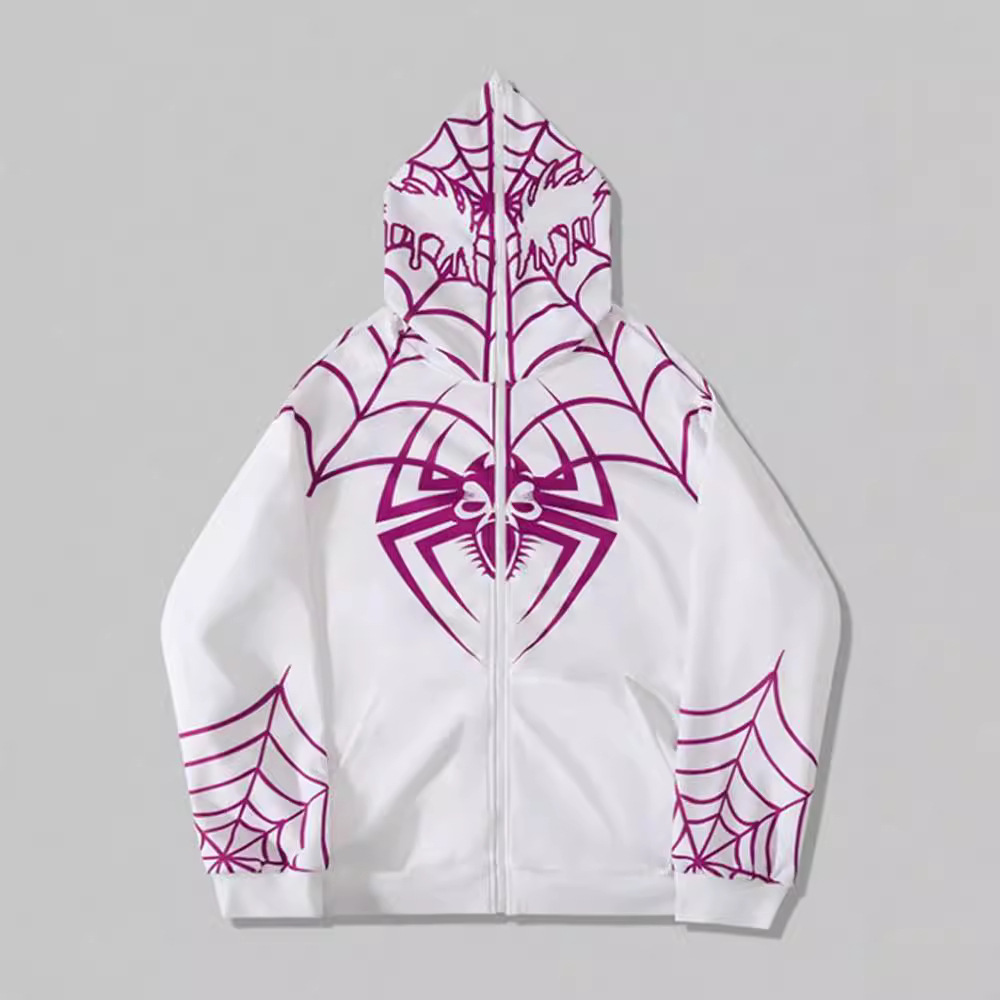Pull à capuche et fermeture éclair pour homme, haut ample à imprimé araignée_voghion.com
