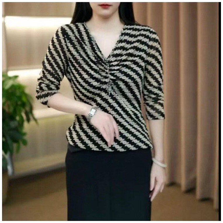 Women's Autumn V-neck Rhinestone Embellished Blouse, Stylish Geometric Striped Mesh Slim-Fit Top for Women Women's Autumn V-neck Rhinestone Embellished Blouse, Stylish Geometric Striped Mesh Slim-Fit Top for Women