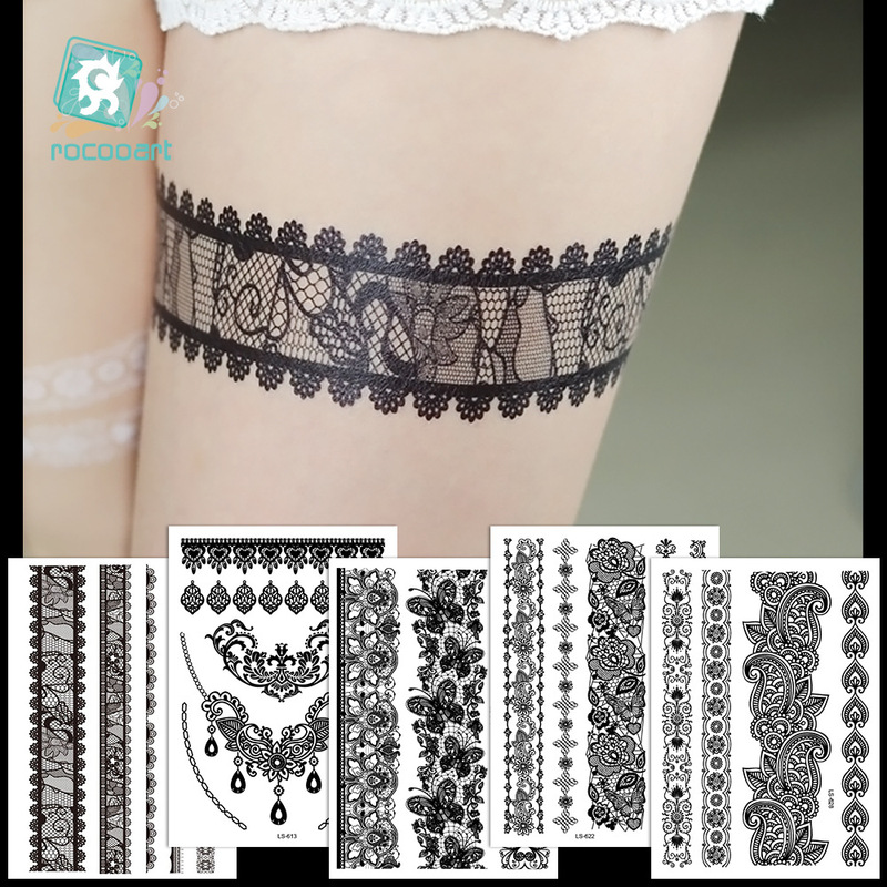 Cross-border Black Lace Tattoo Sticker Waterproof Sexy Thigh Sexy Tattoo Sticker Henna Temporary Tattoo Sticker