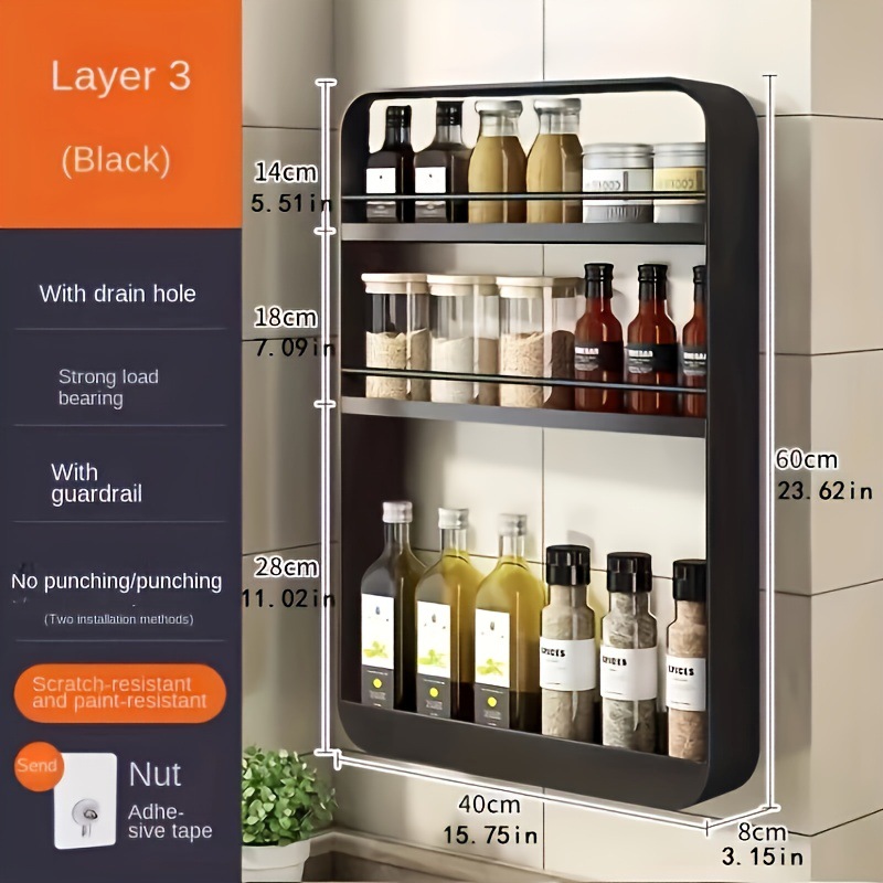 Estante de almacenamiento de condimentos colgado en la pared de cocina sin perforación colgantes de pared multicapa caseros de aceite y sal sal de sopa de condimentos estante de almacenamiento de botella