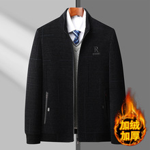 中老年男士秋冬装棉服加绒毛呢上衣爸爸装保暖呢子外套短款棉衣