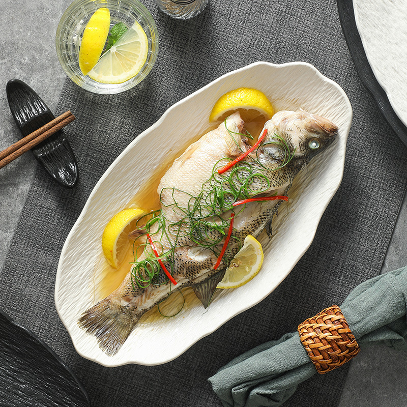 Creative Ceramic Stone Texture Irregular Oval Steamed Fish Plate for Home and Commercial Use Western-Style Light Luxury Presentation Plate