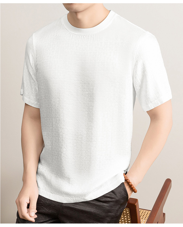 Áo thun nam tay ngắn lụa jacquard Mulberry mỏng nhẹ mùa hè — Trắng 8876 chi tiết 9