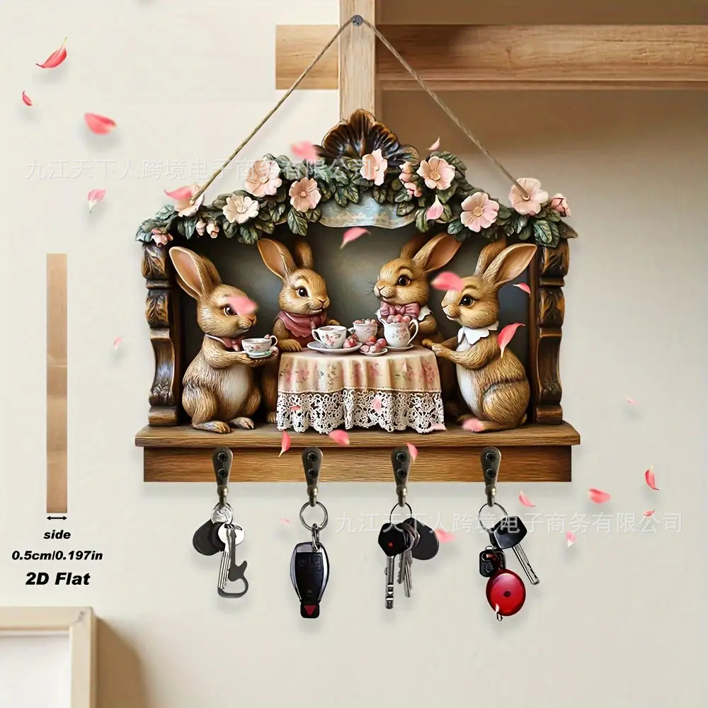 Acrílico 2D plano de madera primavera de Pascua conejo llave gancho decoración de pared retro nostálgica