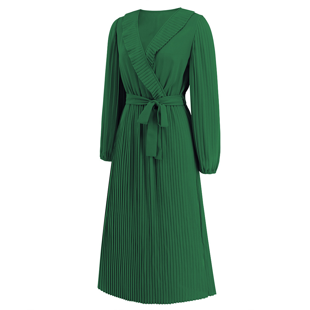 Women's Regular Dress Simple Style V Neck Belt Ruffles Pleated Long Sleeve Solid Color Midi Dress Daily Street display picture 6