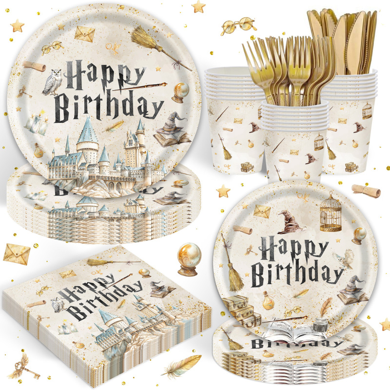 Harry Potter Themed Birthday Party Scene Setup, Disposable Tableware, Party Decorations, Paper Plates, Paper Cups, Cutlery