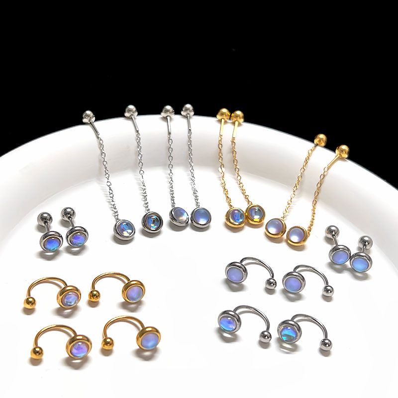 4g Weight 304 Stainless Steel Ear Needle Material Moonstone Inlay Material 1 Piece Classic Style Geometric Plating 304 Stainless Steel Moonstone Drop Earrings Ear Studs