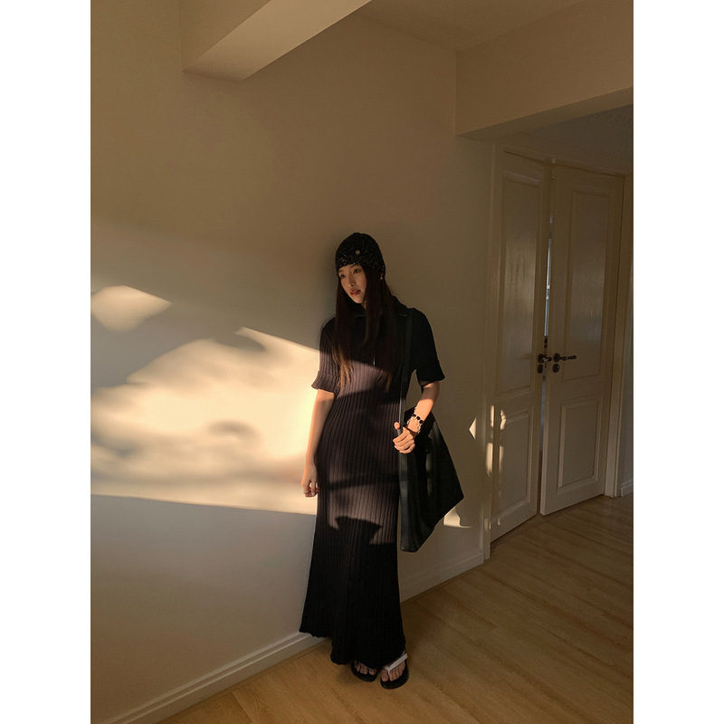 [Special Offer of 13 Lines 40% off Non-Refundable] High-Neck Half-Zip Stretch Knitted Dress with Waist-Cinching Short-Sleeved Long Skirt