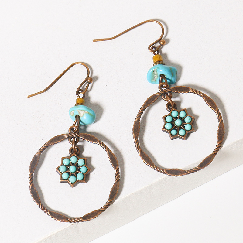 Wholesale Jewelry 1 Pair Ethnic Style Oval Water Droplets Flower Alloy Turquoise Chandelier Earrings display picture 5
