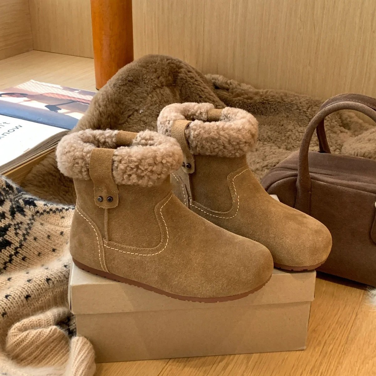 Soft Leather Version ~ Fleece-Lined Birkenstock Boots for Women, Round-Toe Retro Furry Short Boots, Flats-Soled Cotton Shoes, Warm Plush Snow Boots
