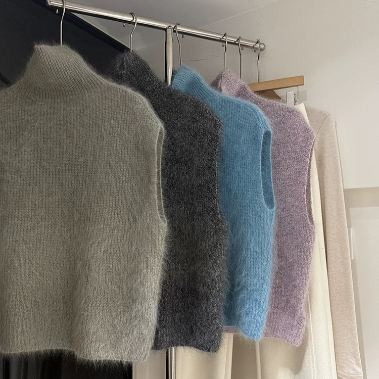 Korean-Style Ribbed 100% Wool Long-Pile Fleece High-Neck Warm Sleeveless Soft Pullover Sweater Vest