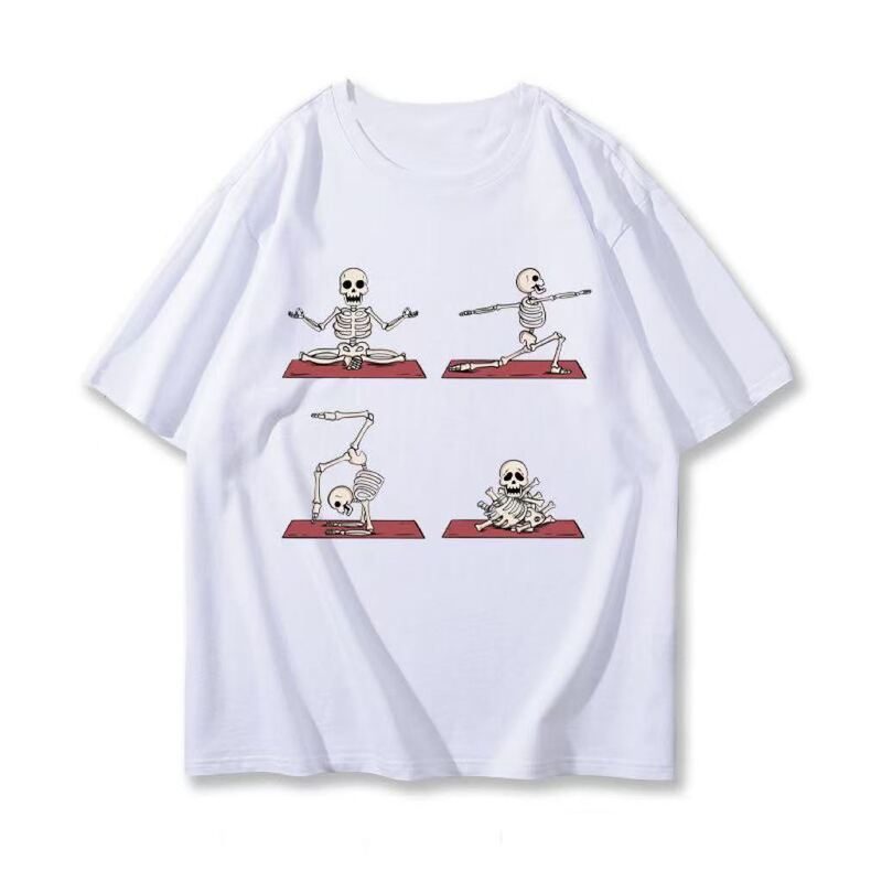 Pure Cotton Quirky Yoga Skull American Retro Print Short-Sleeved T-Shirt for Male and Female Students Summer Casual Top