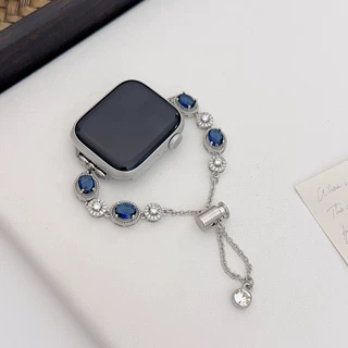 适用苹果手表带轻奢蓝色锆石手链表带applewatch金属镶钻苹果表带