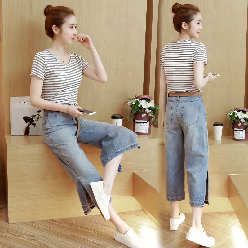 Split Cropped Jeans Women's White-worn Loose Korean-style All-match Straight-tube Dipped Cropped Wide-leg Pants Women's Old-fashioned