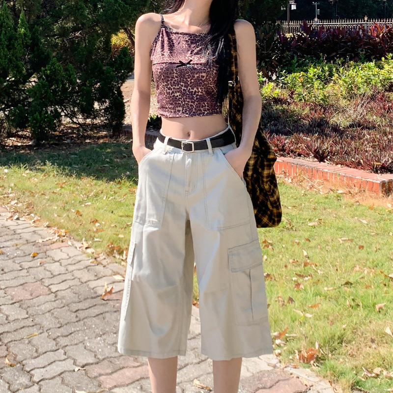Trendy Multi-Pocket Design Versatile Cropped Pants for Women, Summer Thin Loose Fit Slimming Wide-Leg Straight Cargo Pants Trendy Multi-Pocket Design Versatile Cropped Pants for Women, Summer Thin Loose Fit Slimming Wide-Leg Straight Cargo Pants