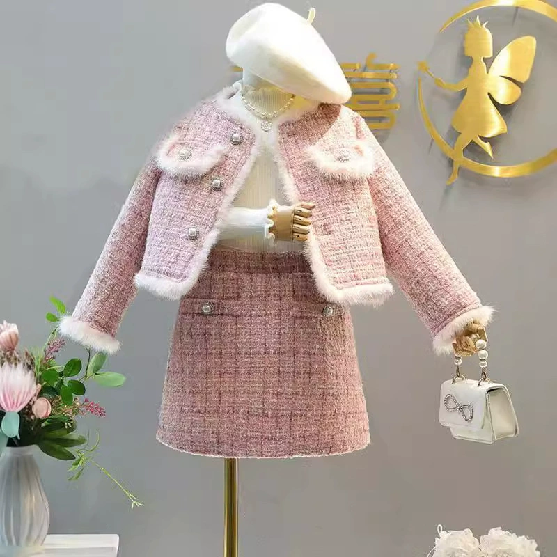Зимний тёплый набор, пальто из шерсти, юбка для девочки, стиль Chanel