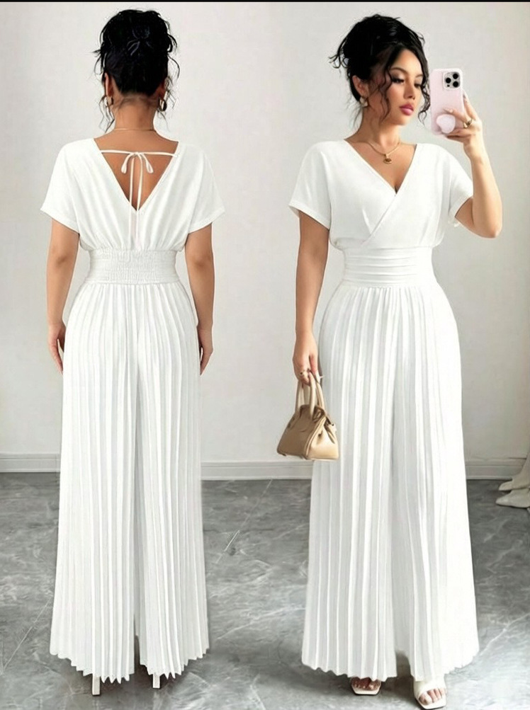 2026 nuevo estilo de viaje europeo y americano elegante color sólido cuello en V manga corta cintura doblada plantares pantalonés de pierna ropa de mujer