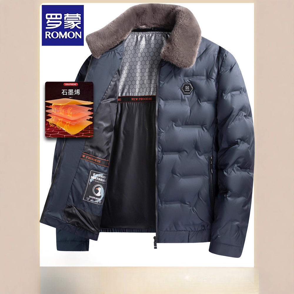 Romon Winter Jacket for Middle-Aged Men with Detachable Fur Collar, Men's Winter down Cotton Coat, Thickened and Warm