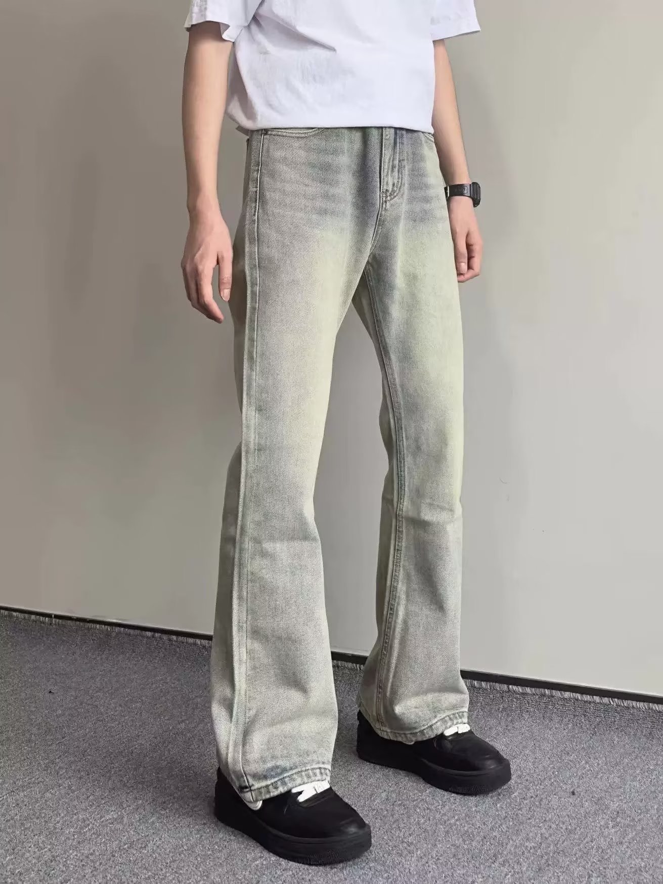 Vīriešu apģērbs retro ielas mazgātas daudzpusīgas uzliesmojošas džinsa bikses ikdienas vecmodīgas rāvējslēdzēja bikses ar vibrāciju modernas bikses_voghion.com