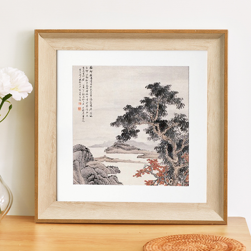 复古方形山水画装裱相框宽边挂墙摆件画框书法装饰画框树脂仿木纹