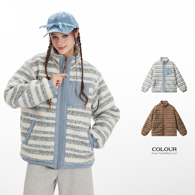 HeyHenry 欧美复古立领横纹撞色设计棉服外套男女面包服加厚棉衣
