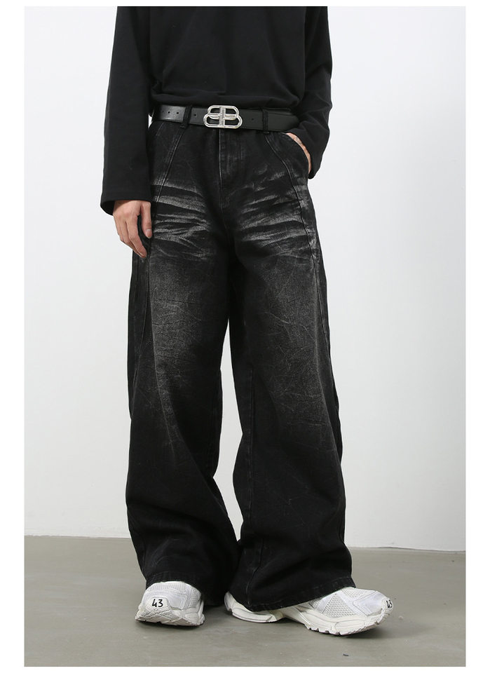 Quần jean nam ống đứng rộng rãi phối mảng giải cấu trúc, denim giặt nước — Đen xám chi tiết 9