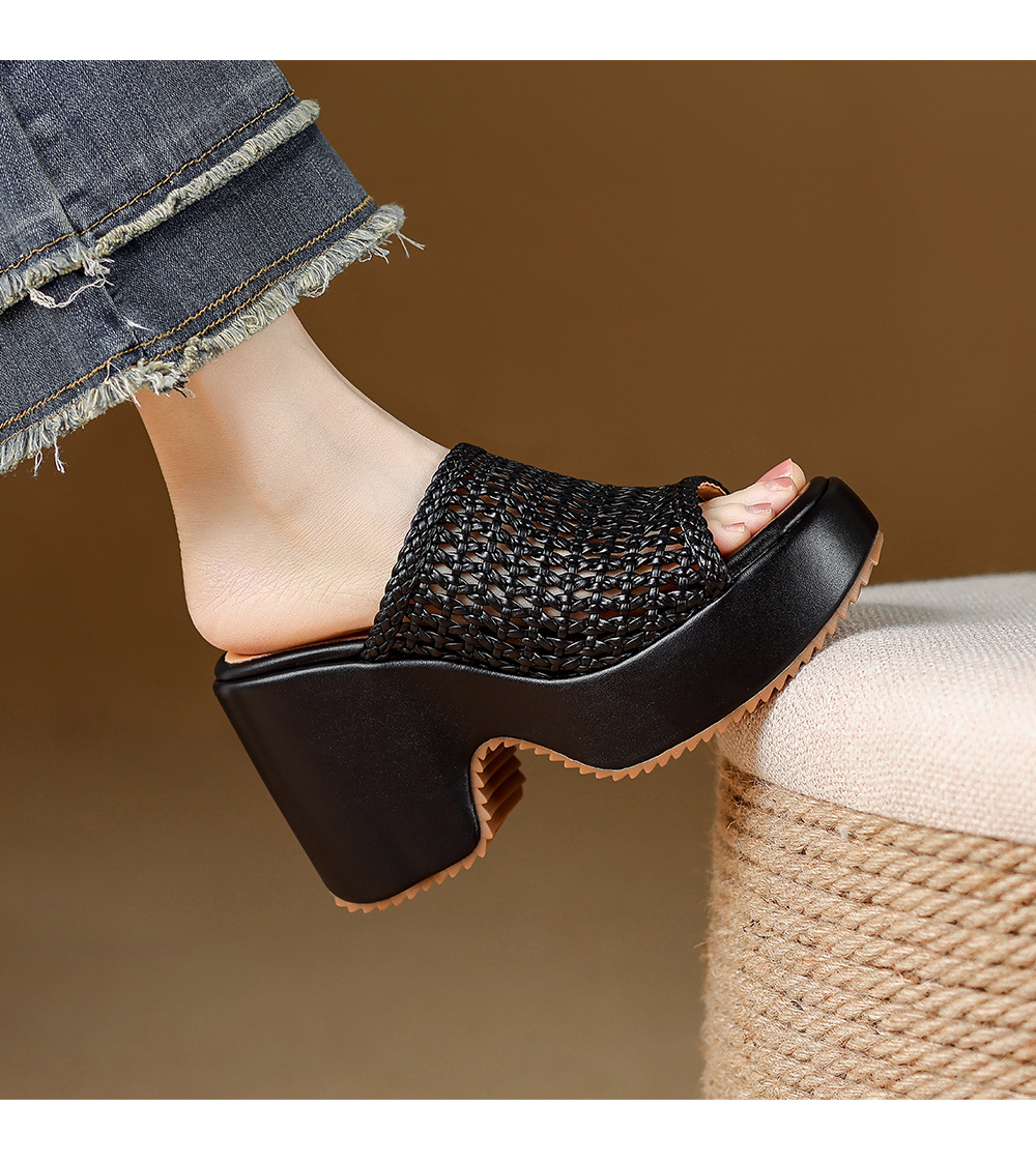 Sandal cao gót nữ hở mũi đế xuồng đan lát phong cách La Mã — màu đen, màu trắng ngà, bạc chi tiết 11