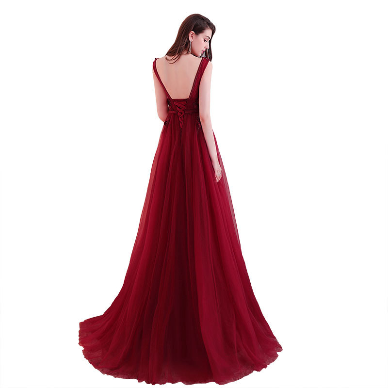 Comercio exterior europeo y americano Amazon AliExpress deseo nuevo cuello en V 3D flor con cuentas vino rojo vestido de noche vestido tostado