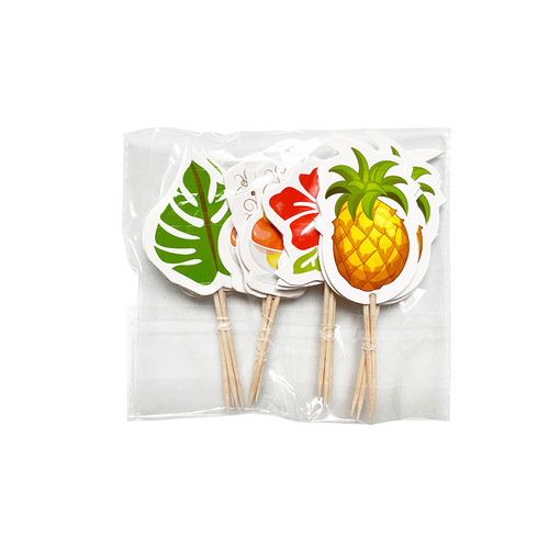 Hawaii Tropical Cake Dessert Stand Insert 16PCS Tortoise Shell Wood Hibiscus Flower Pineapple Ice Cream Skewers