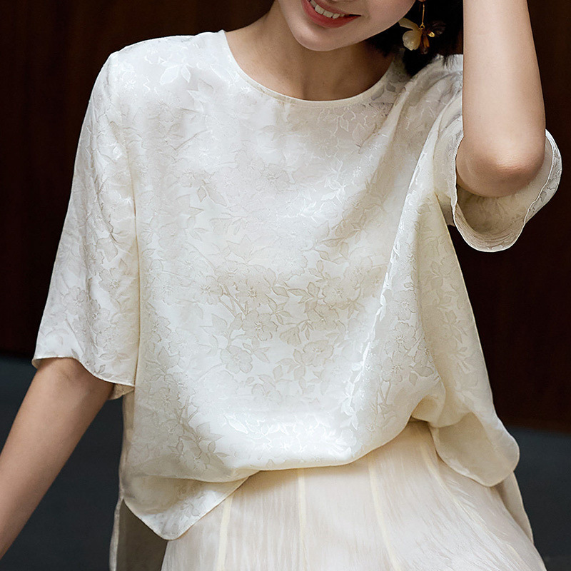 Pearl White Silk Jacquard Blouse New Chinese Style Mulberry Silk Short-Sleeve T-Shirt Women's Summer New Model Pearl White Silk Jacquard Blouse New Chinese Style Mulberry Silk Short-Sleeve T-Shirt Women's Summer New Model