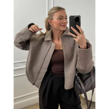 外贸批发欧美风2025时尚休闲翻领短款软呢拉链毛呢外套女A125010