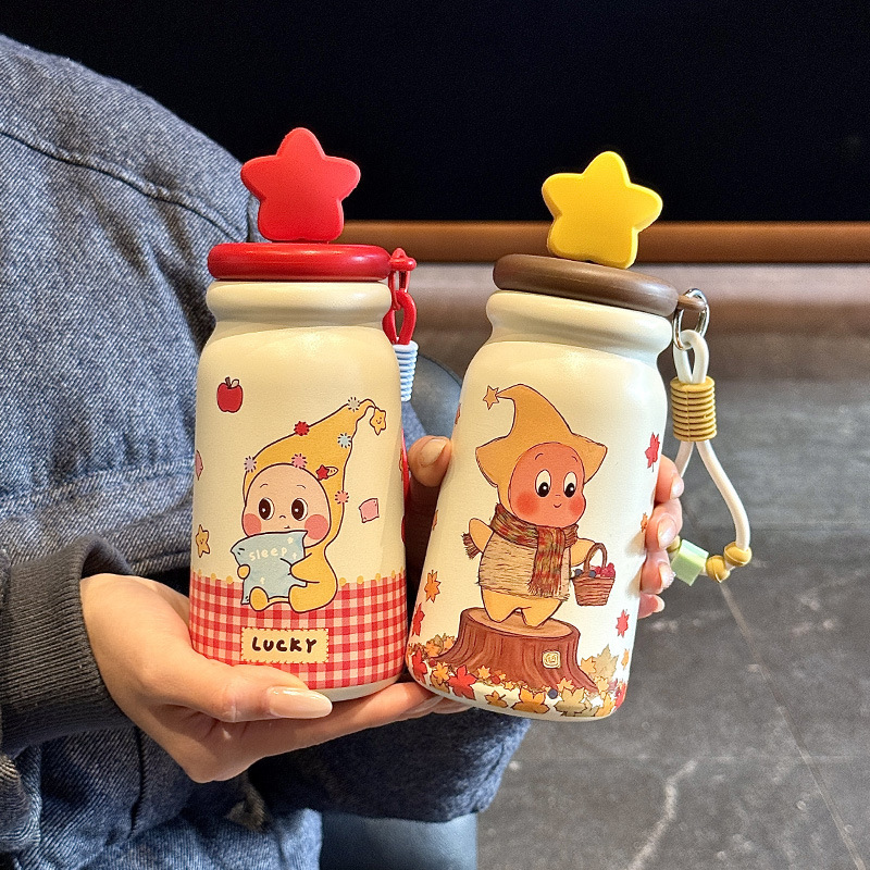 Star-Shaped Thermos Cup with High Aesthetic Value, Portable Cartoon Ceramic Inner Tube, Straw Water Cup for Female Students, Portable Cup for Outdoor Use