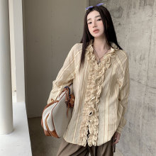 条纹衬衫女设计感小众新中式木耳边长袖复古休闲慵懒叠穿上衣外套