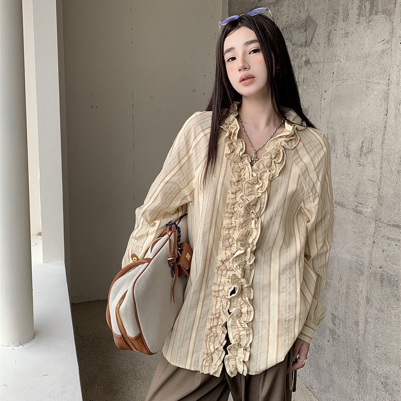 条纹衬衫女设计感小众新中式木耳边长袖复古休闲慵懒叠穿上衣外套