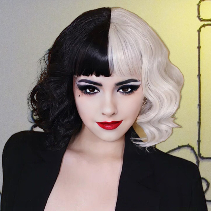 Amazon caliente nuevo kuyila peluca mujer negro y blanco peluca medio negro medio blanco fibra química de alta temperatura de seda de una sola pieza de entrega