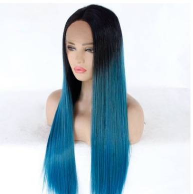 Venta al por mayor de fábrica de moda europea y americana, peluca de pelo largo y liso azul mixto verde, peluca de fibra química de encaje frontal LW0207