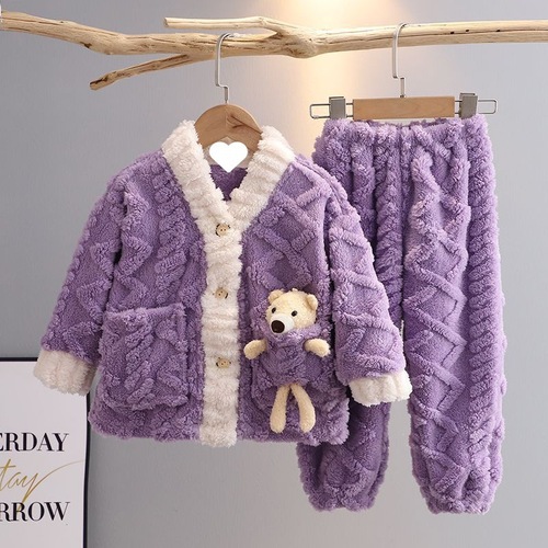 儿童睡衣冬季新款法兰绒加厚男童小女孩珊瑚绒宝宝保暖家居服套装