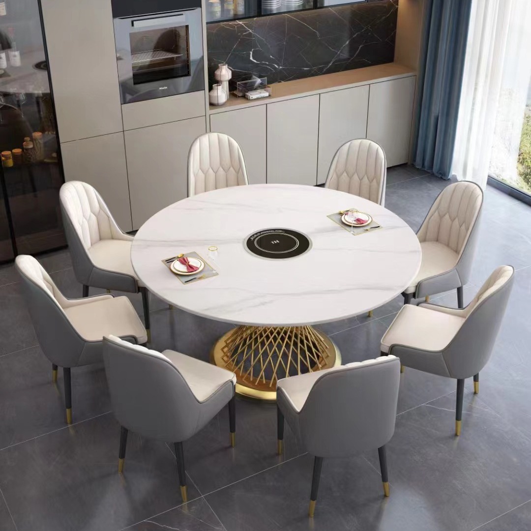 Mesa de comedor de mármol, mesa redonda doméstica, mesa de comedor de roca de lujo ligera con rotación.