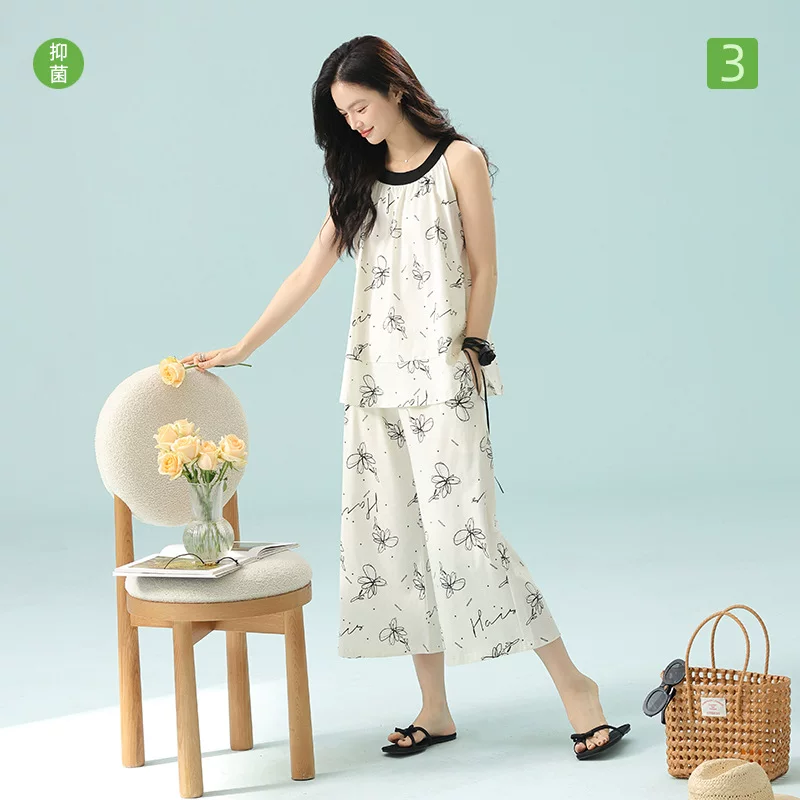 Antibacterial cotton summer vest sleevless, thin pijama, set