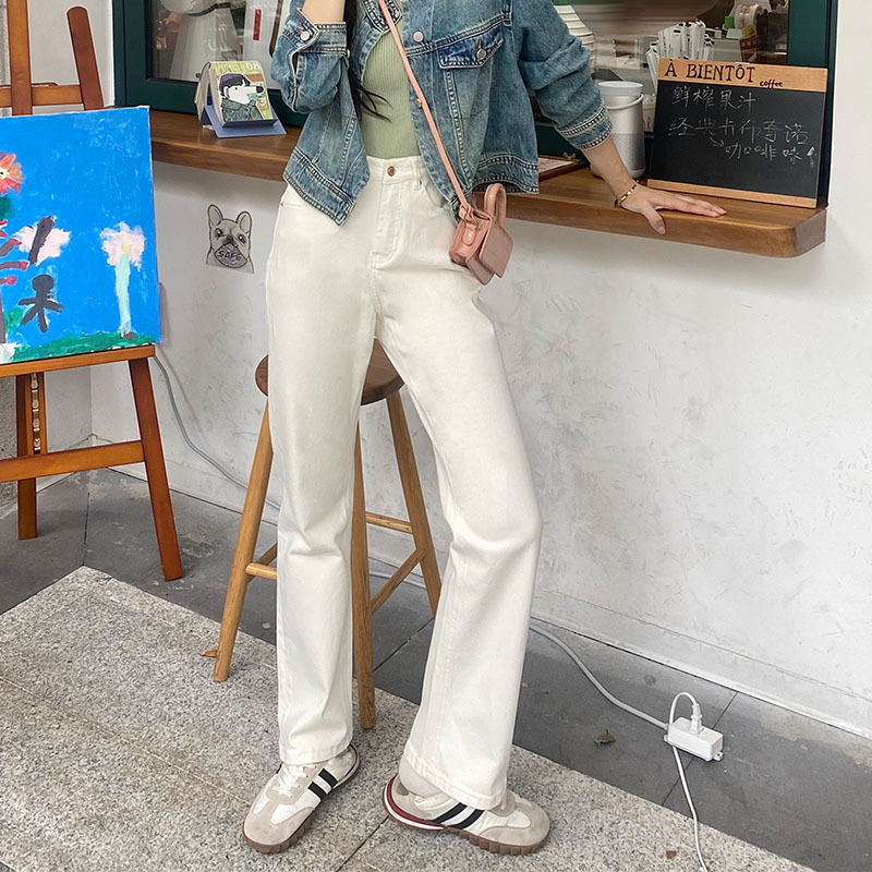 Great Fit! Off-White High-Waisted Straight-Leg Slimming Casual Versatile Wide-Leg Flared Jeans Pants