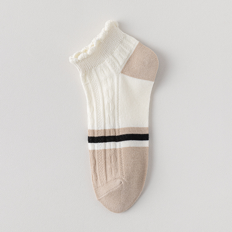 Calcetines de algodón de color sólido para mujer, calcetines finos para barco de primavera y verano, encaje a rayas, transpirable y absorbente de sudor, calcetines cortos japoneses al por mayor