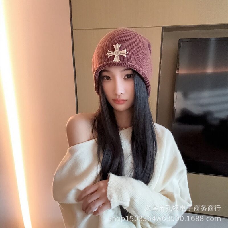 韩版ins风卷边十字架堆堆帽女秋冬保暖防风显脸小针织帽百搭冷帽|undefined