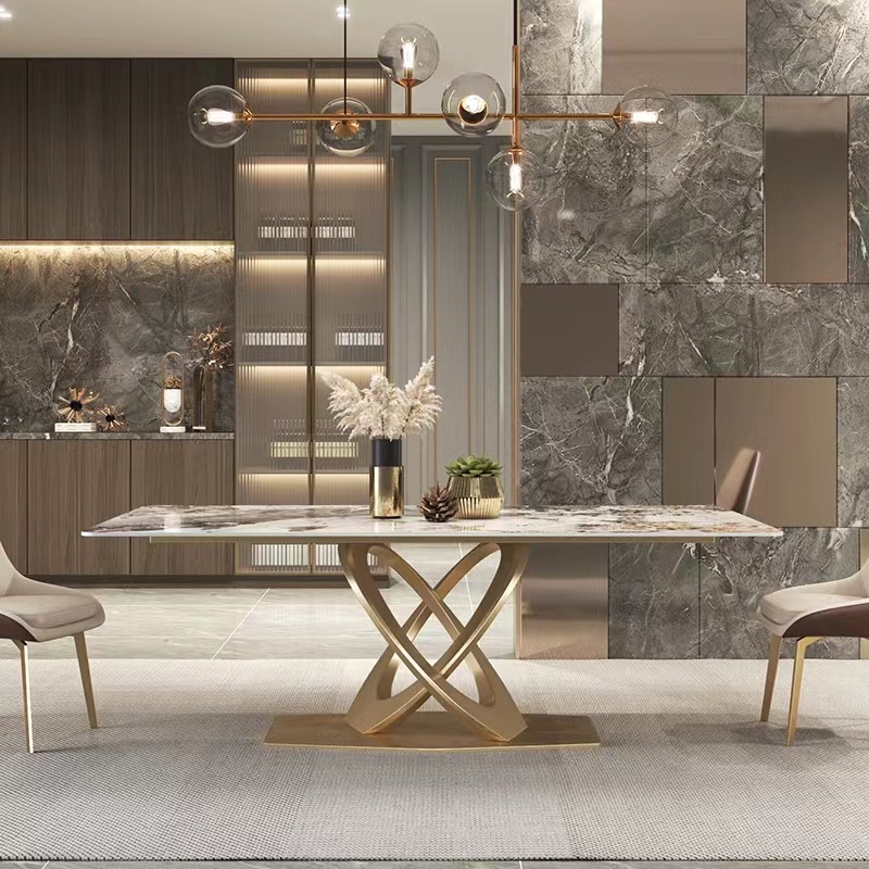 Pandora mesa de comedor de tabla de roca de lujo ligero de alta gama moderna y simple mesa de superficie brillante rectangular nórdica pequeña casa