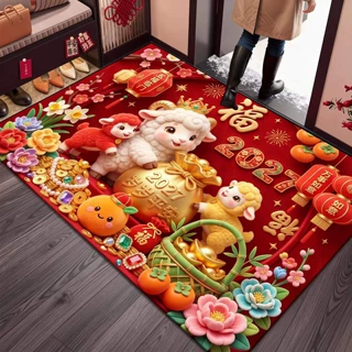 2027羊年新年地垫入户门红色喜庆装饰门垫玄关耐磨脚垫亚马逊代发