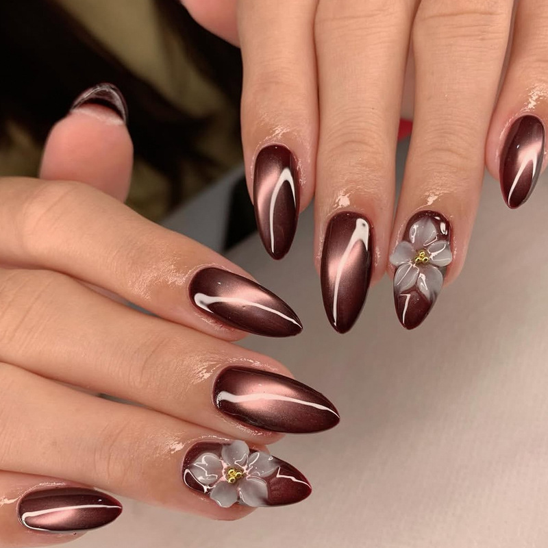 Almond-shaped coffee-colored glitter cat-eye 3D floral carved elegant European and American ins-style false nails