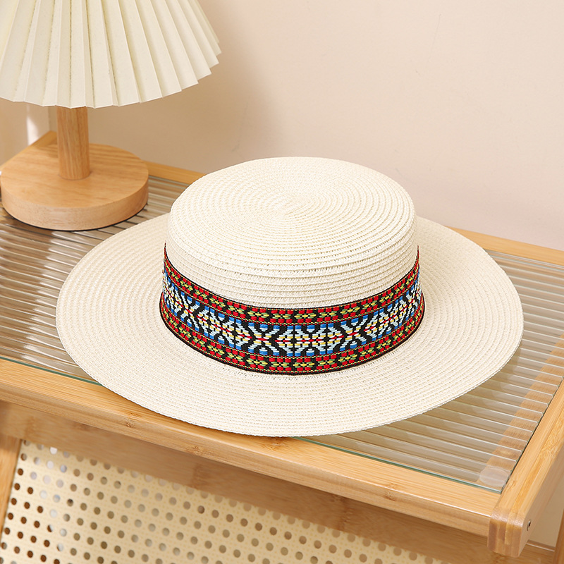 Vintage Straw Sun Hat For Beach Bohemian Flat Top Sun Protection_voghion.com