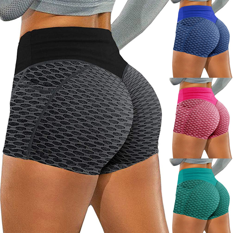 Spot European and American AliExpress explosions women's solid color pocket hip sports leggings large size Shorts factory direct sales