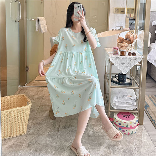 Cotton-Silk Sleep Dress for Women, Summer Short Sleeve Loose Plus Size Cotton Pajamas, Spring and Autumn High-End Printed Air Conditioning Clothes Homecoming Dress